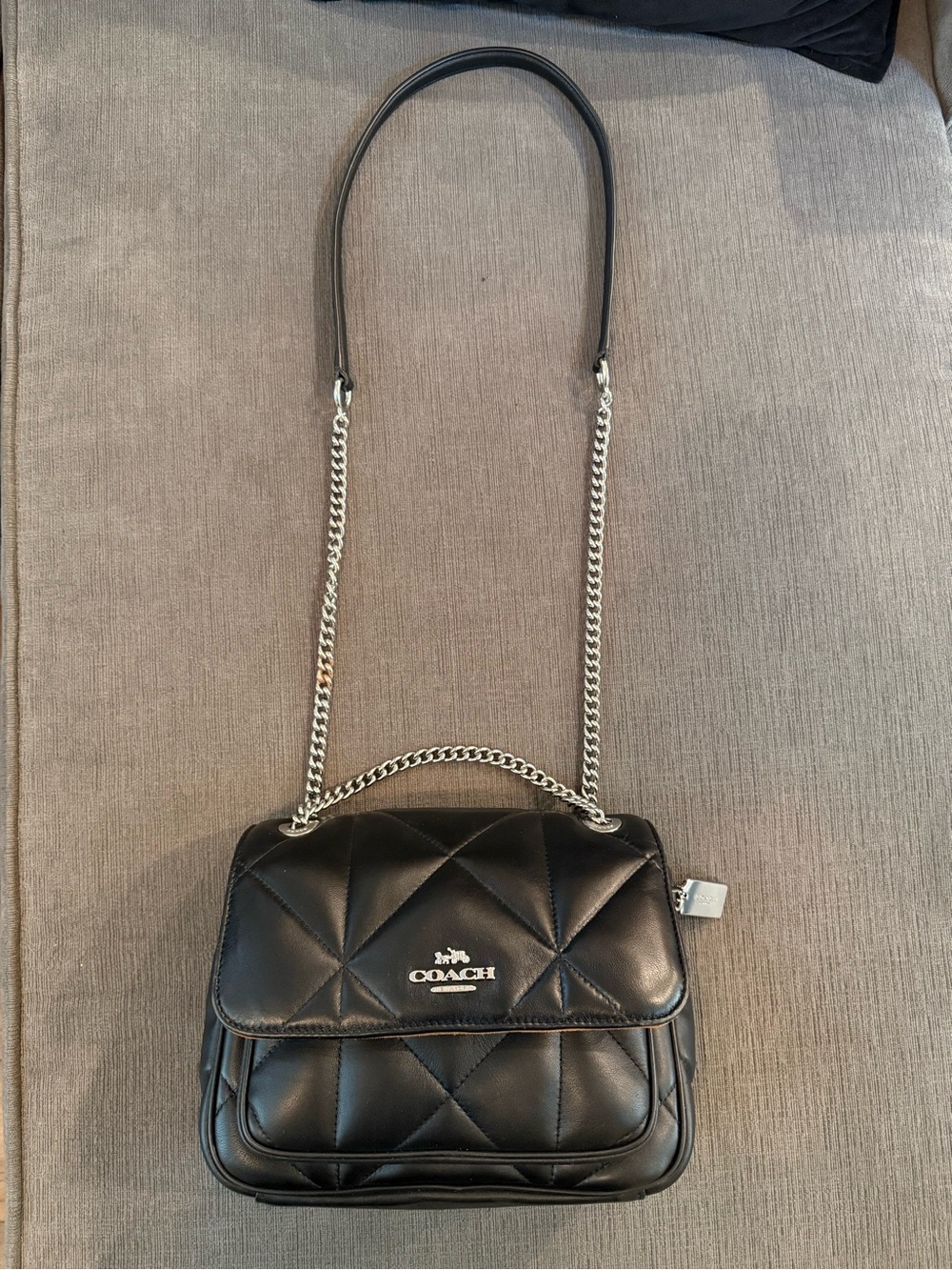 Coach Black Quilted Leather Mini Crossbody with Silver Chain